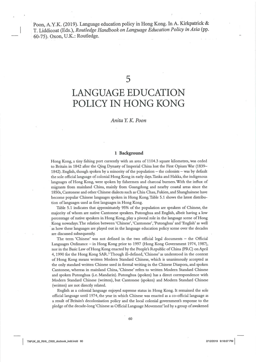 (PDF) Language education policy in Hong Kong (Proof ...