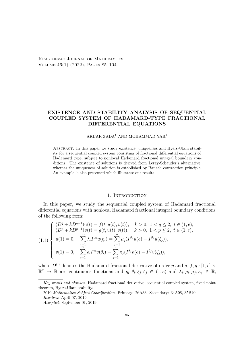 (PDF) EXISTENCE AND STABILITY ANALYSIS OF SEQUENTIAL COUPLED SYSTEM OF ...