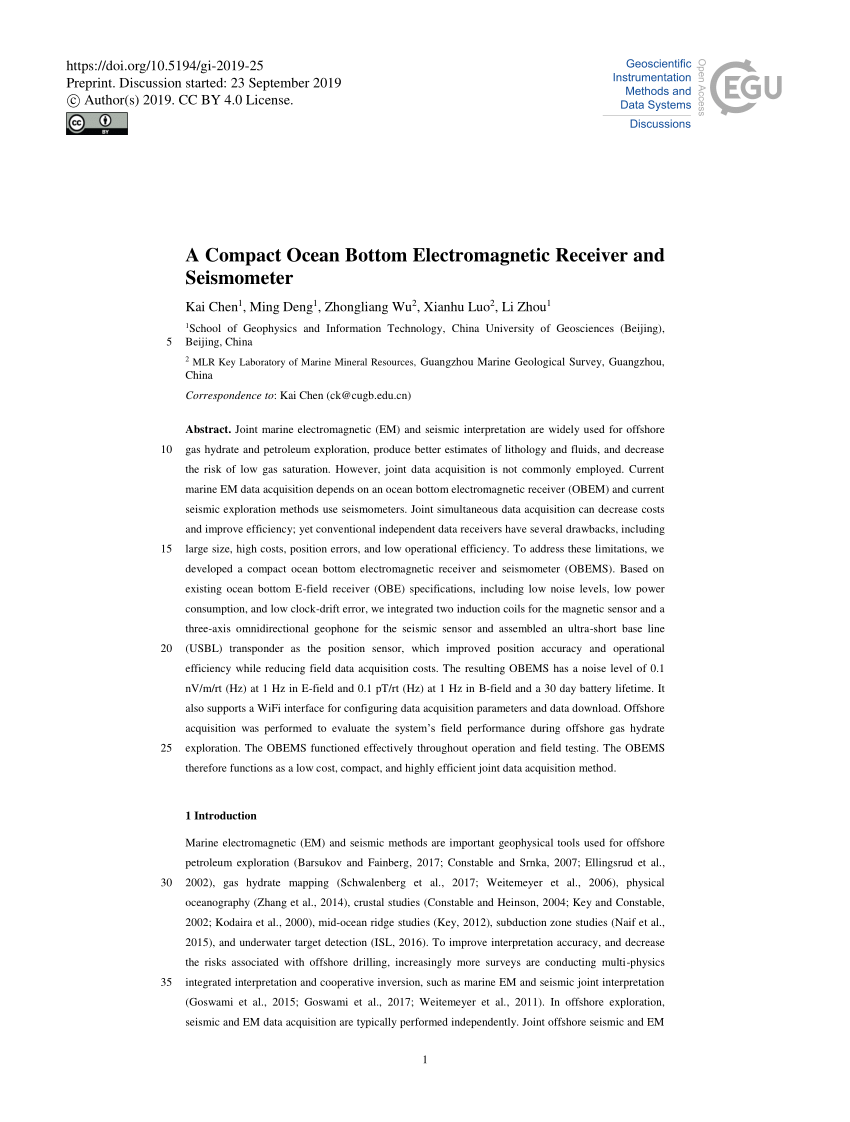 (PDF) A Compact Ocean Bottom Electromagnetic Receiver and Seismometer