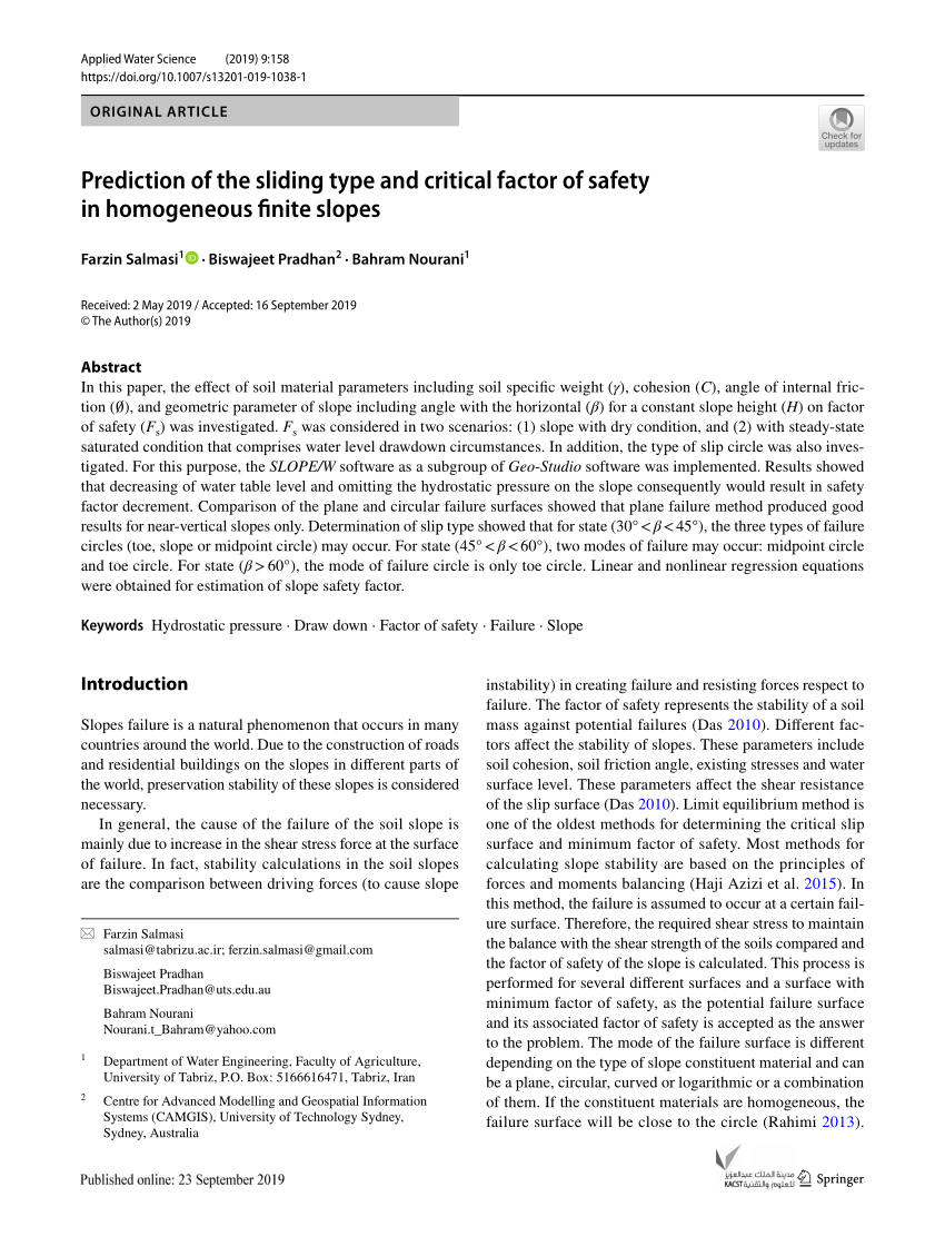 Prediction of the sliding type and critical factor of safety in homogeneous  finite slopes