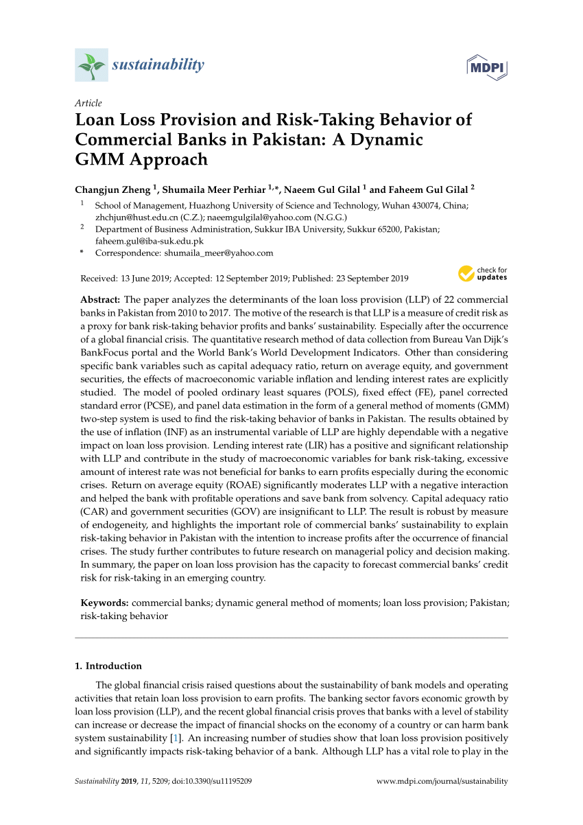 Pdf Loan Loss Provision And Risk Taking Behavior Of Commercial Banks In Pakistan A Dynamic Gmm Approach