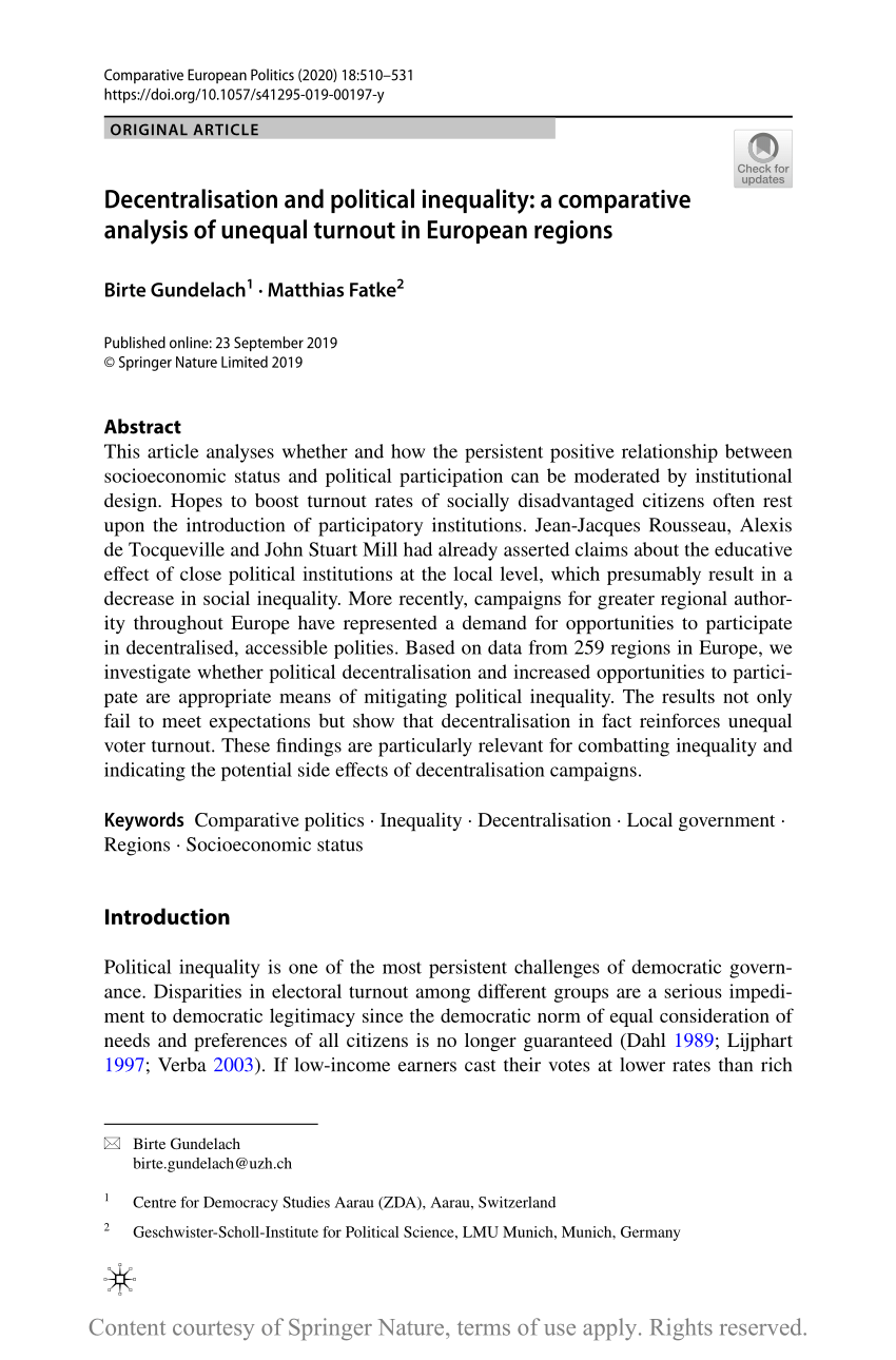 Decentralisation And Political Inequality A Comparative Analysis Of Unequal Turnout In European Regions Request Pdf