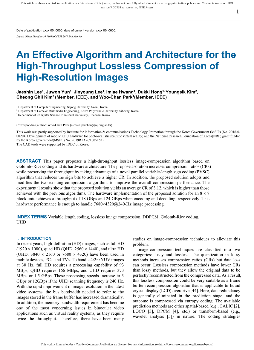 Pdf An Effective Algorithm And Architecture For The High Throughput Lossless Compression Of High Resolution Images