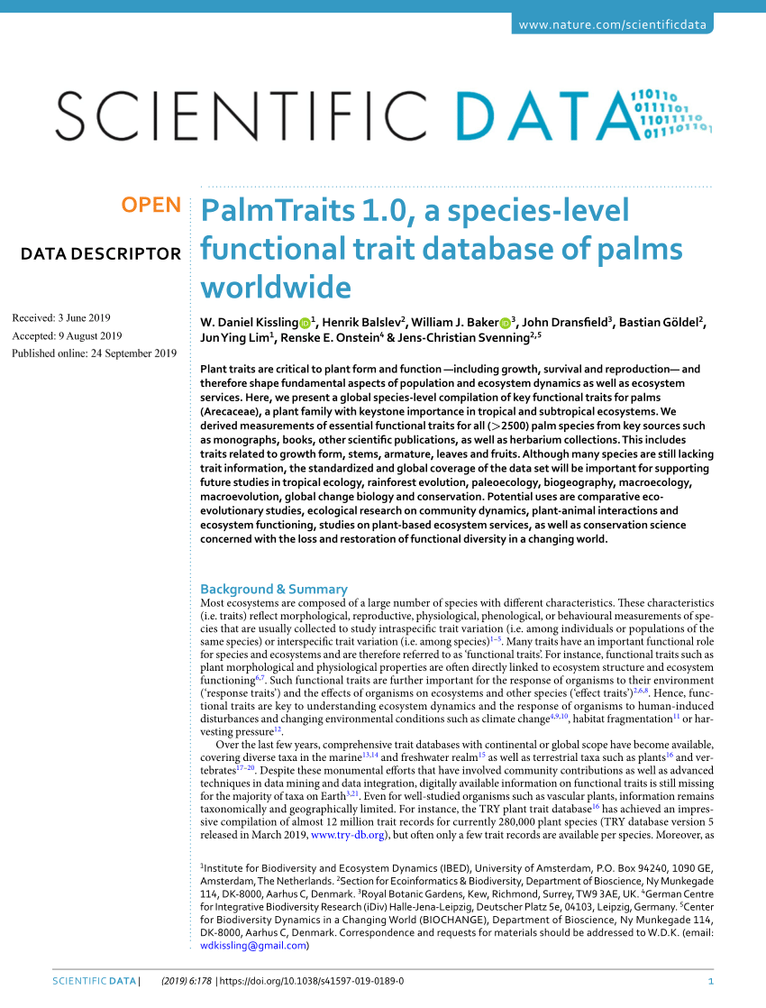 Pdf Palmtraits 1 0 A Species Level Functional Trait Database Of Palms Worldwide