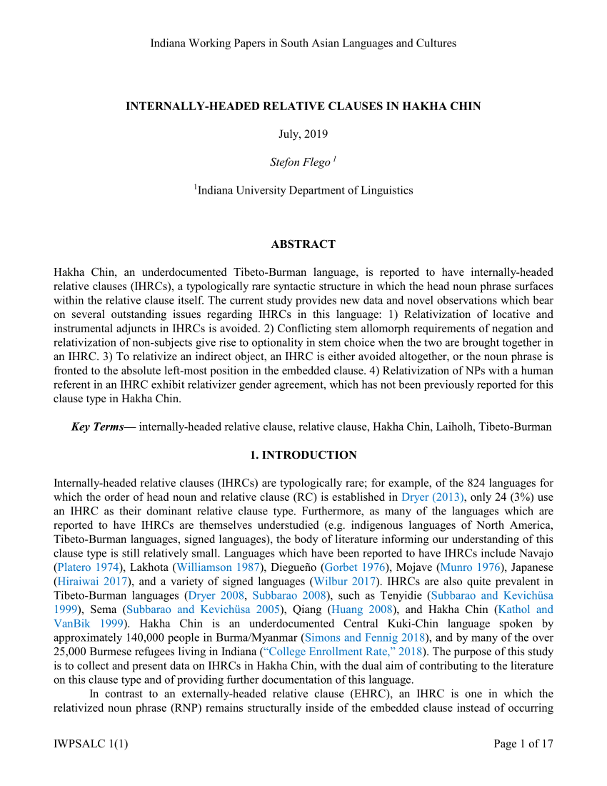 Pdf Internally Headed Relative Clauses In Hakha Chin