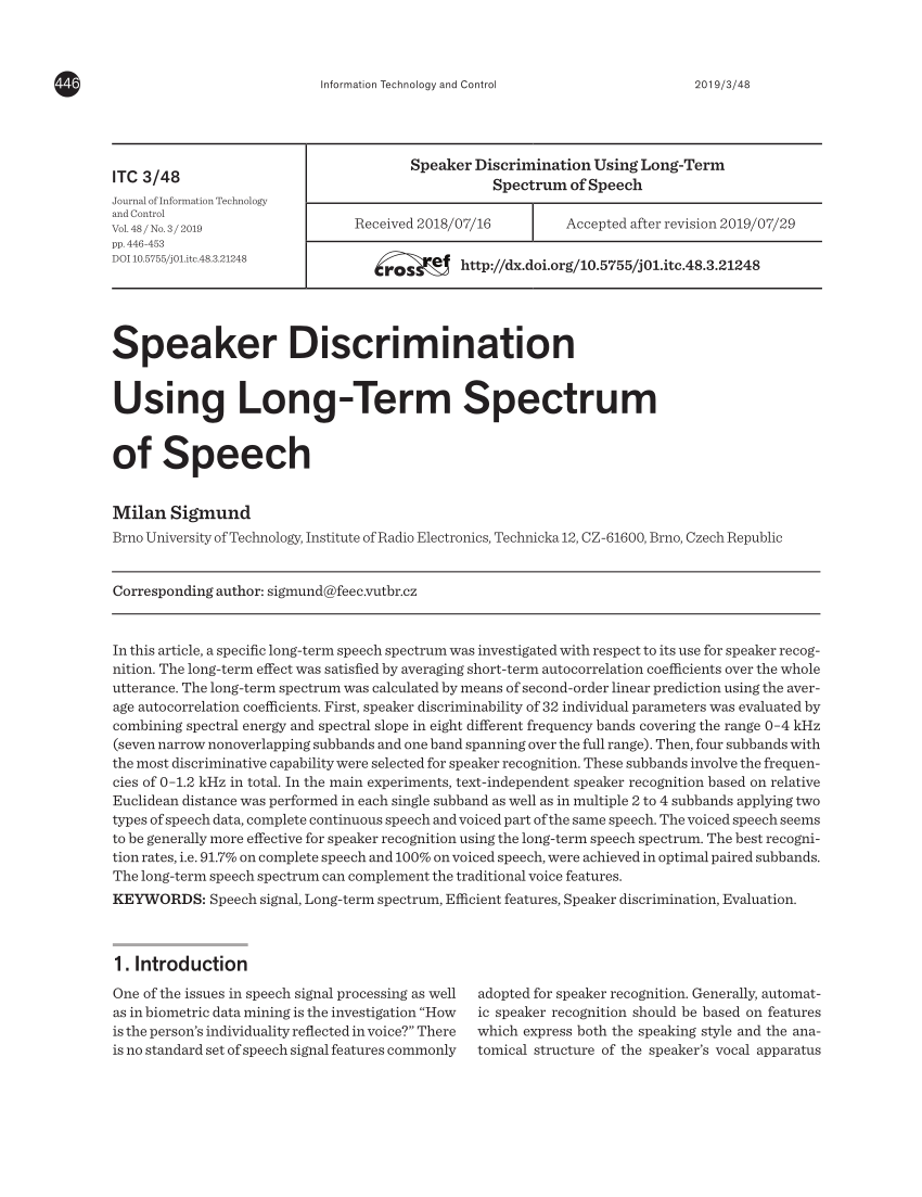 Pdf Speaker Discrimination Using Long Term Spectrum Of Speech