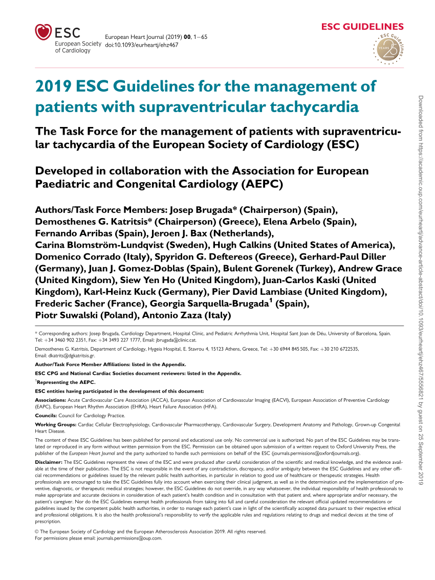 Pdf 2019 Esc Guidelines For The Management Of Patients With Supraventricular Tachycardia The Task Force For The Management Of Patients With Supraventricu Lar Tachycardia Of The European Society Of Cardiology Esc Developed