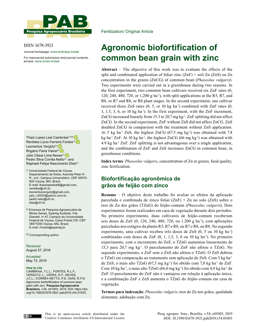 Pdf Agronomic Biofortification Of Common Bean Grain With Zinc