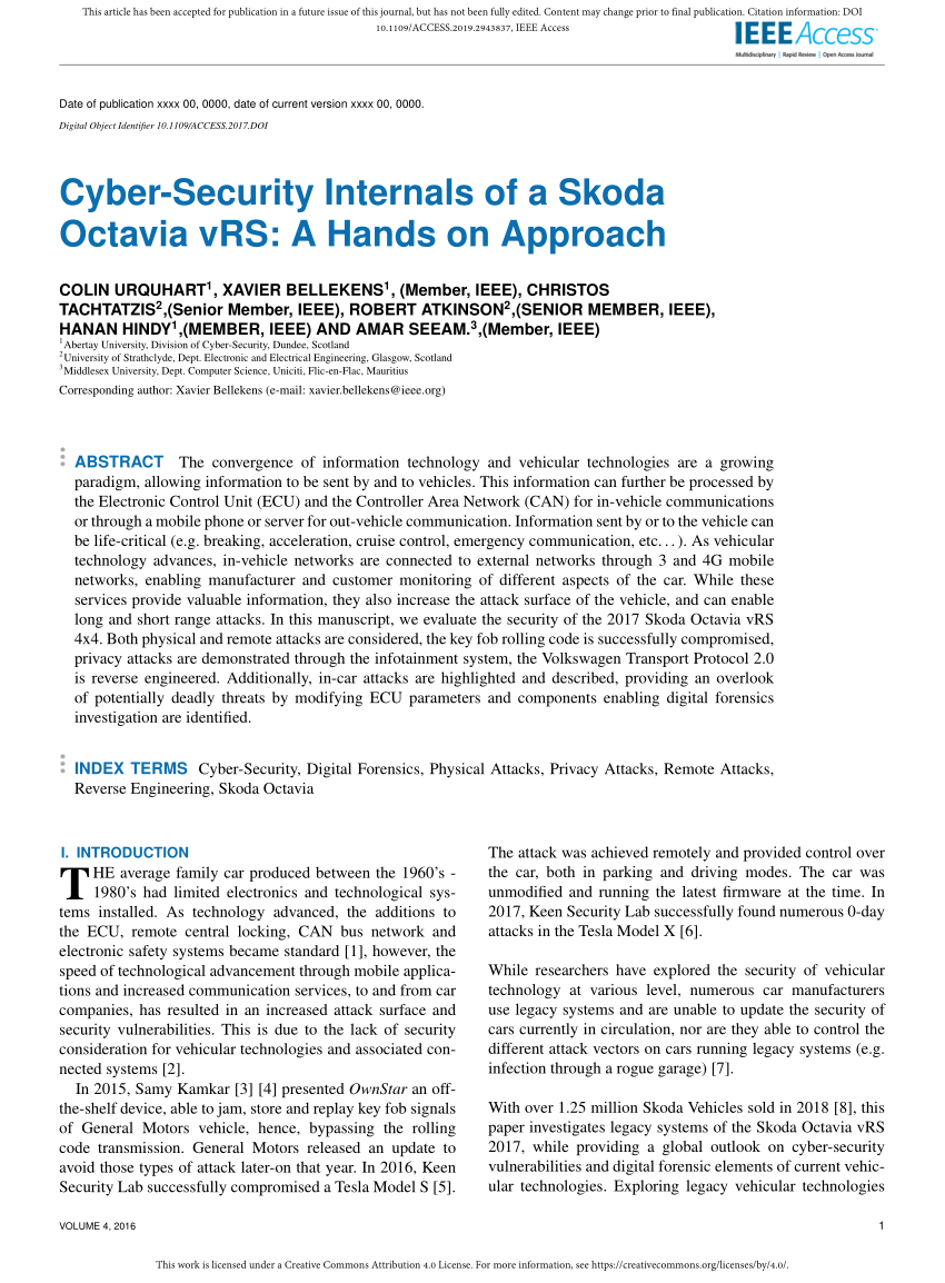 PDF) Cyber-Security Internals of a Skoda Octavia vRS: A Hands on ...