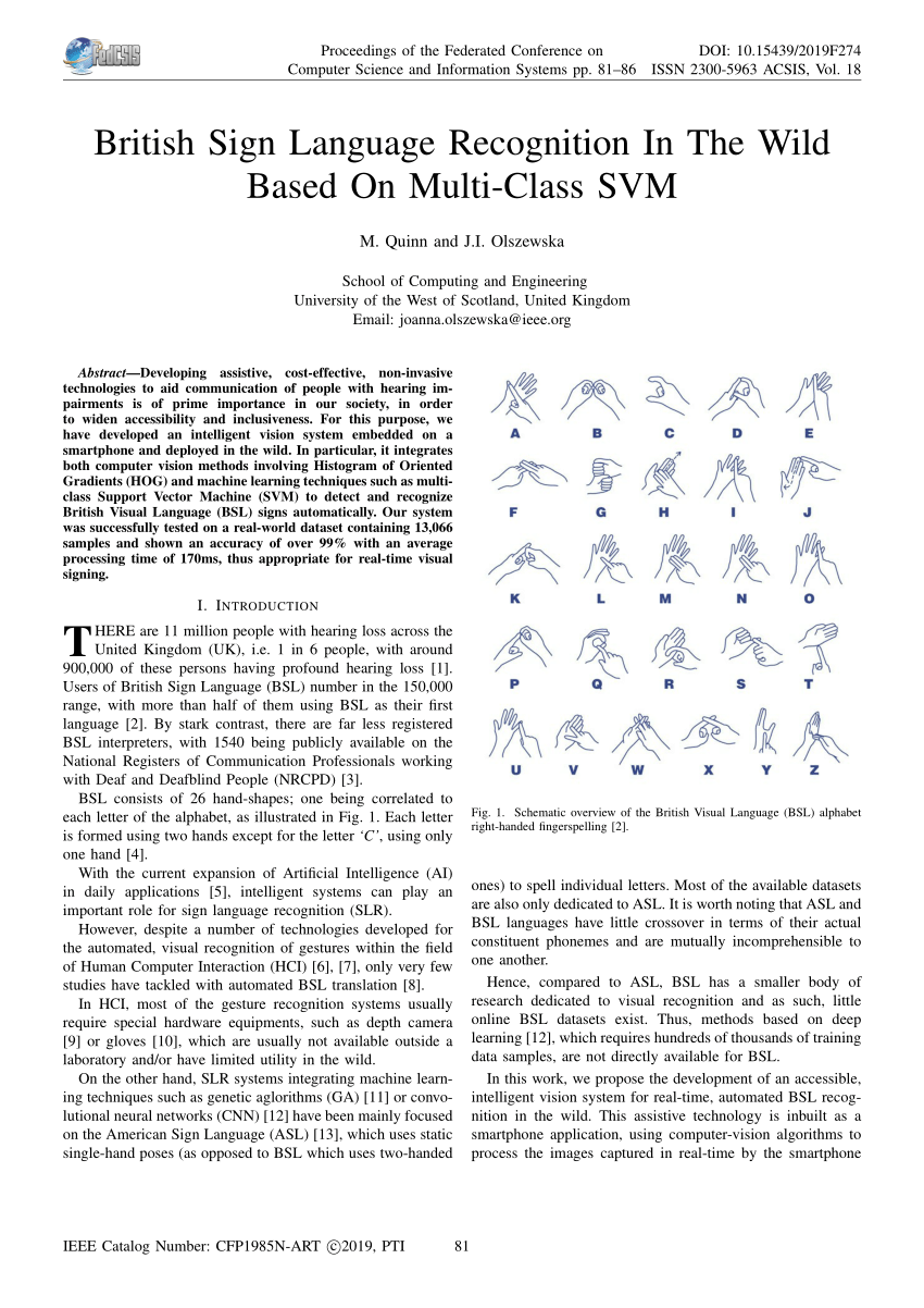 Pdf British Sign Language Recognition In The Wild Based On Multi Class Svm