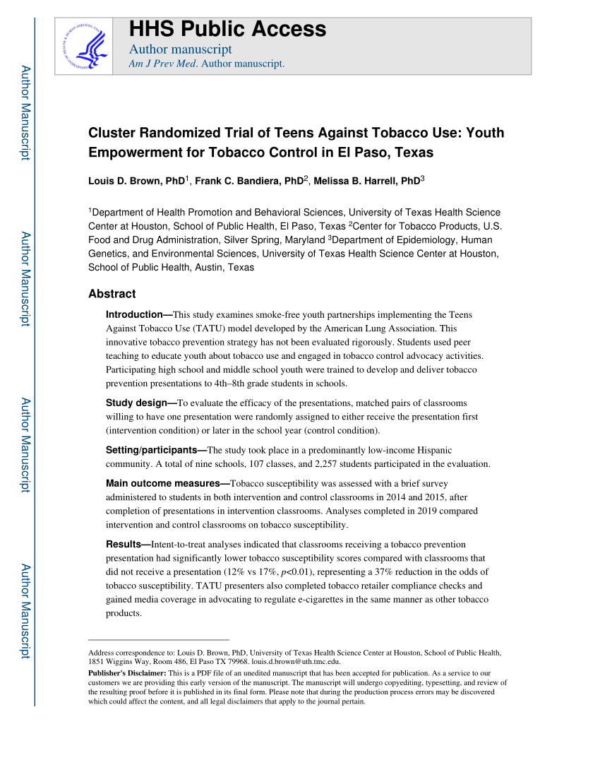 Pdf Cluster Randomized Trial Of Teens Against Tobacco Use Youth Empowerment For Tobacco Control In El Paso Texas