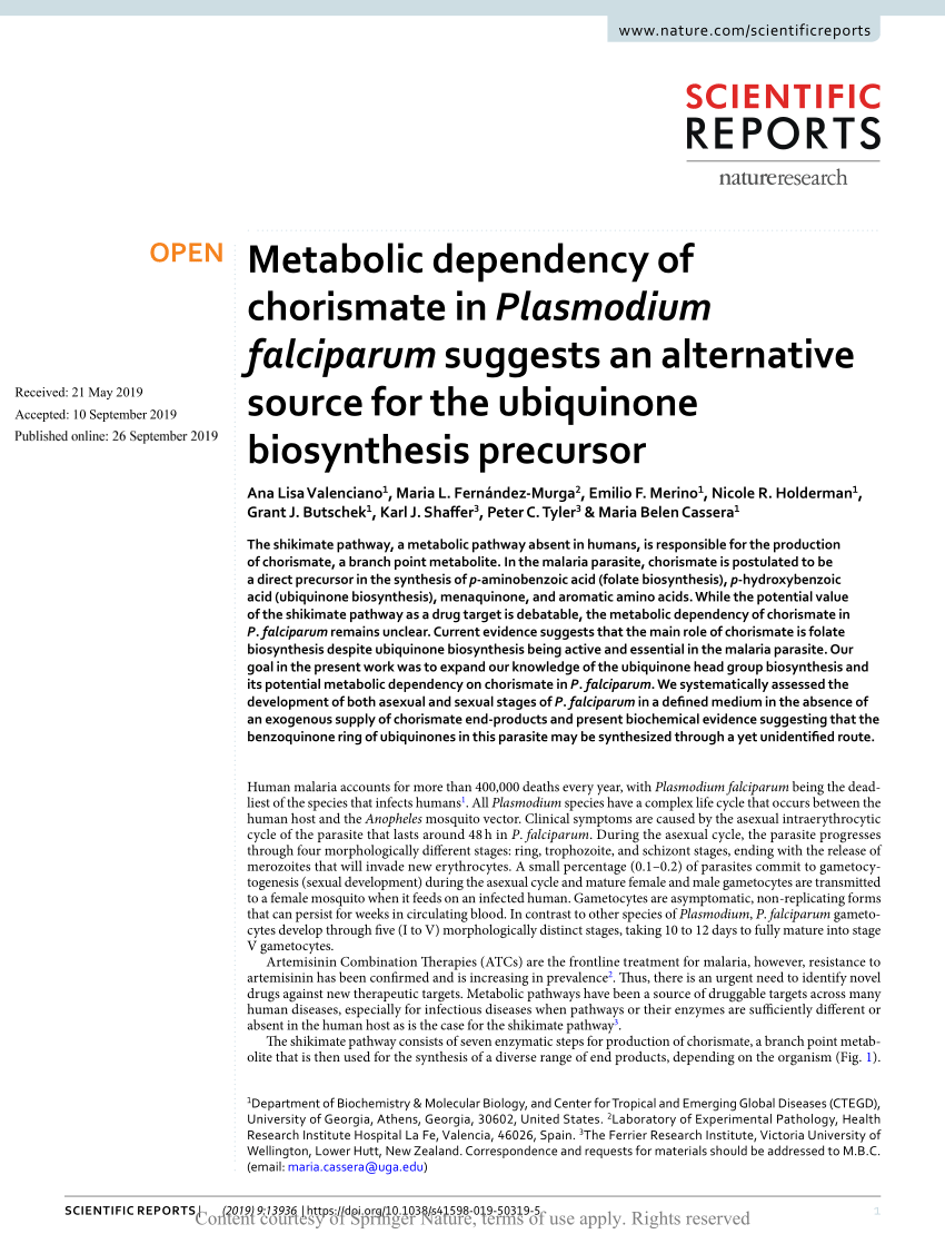 (PDF) Metabolic dependency of chorismate in Plasmodium ...