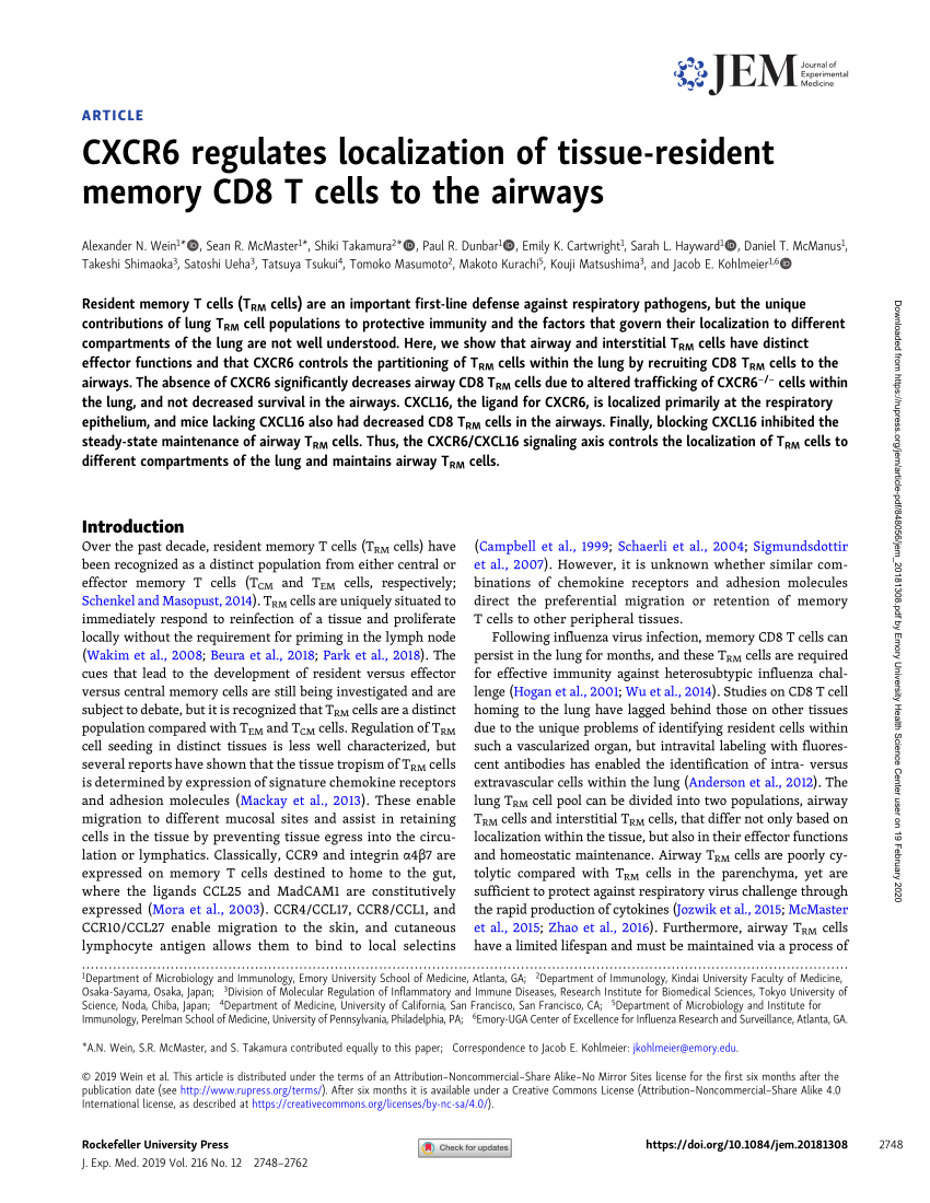 Pdf Cxcr6 Regulates Localization Of Tissue Resident Memory Cd8 T Cells To The Airways