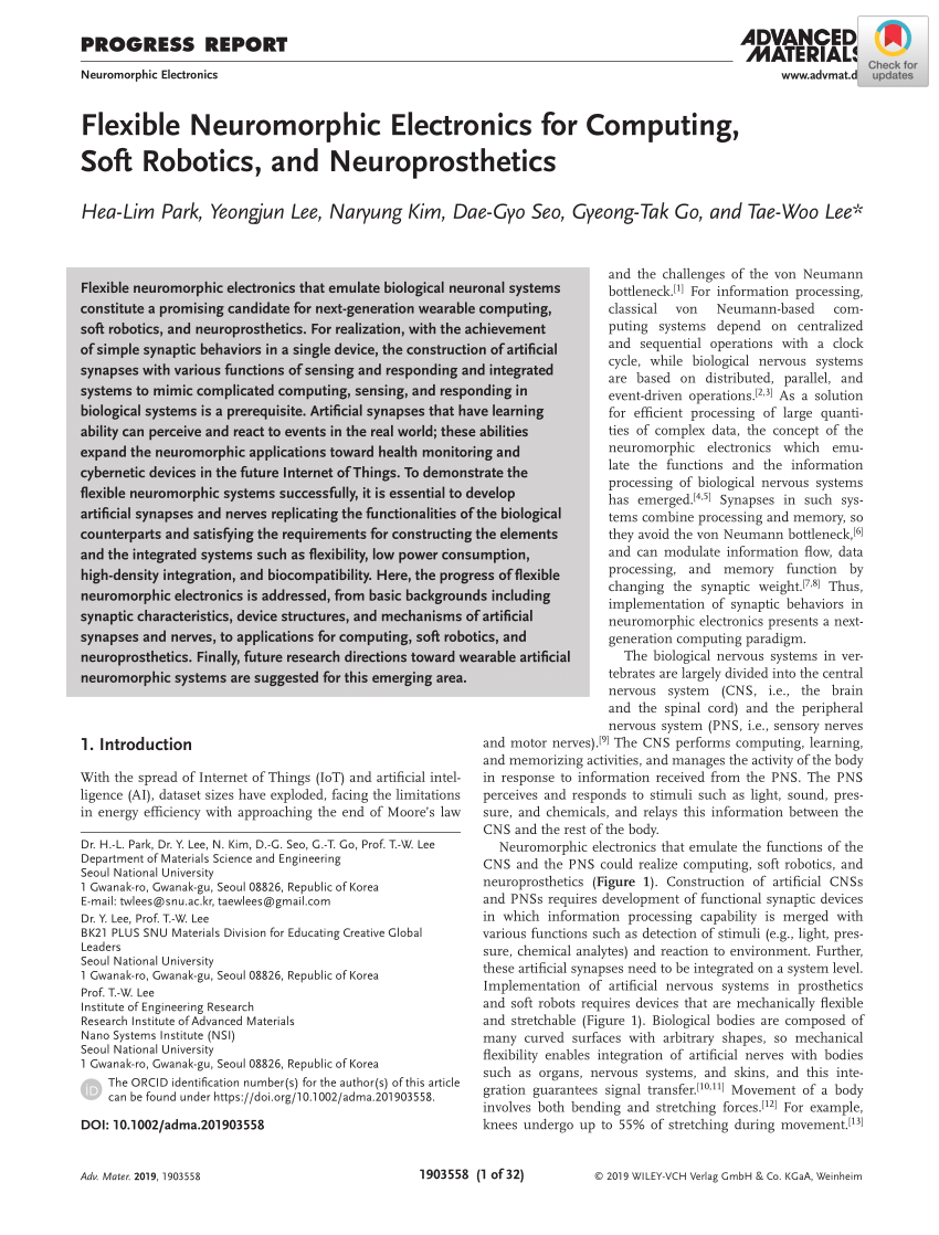 PDF) Flexible Neuromorphic Electronics for Computing, Soft Robotics, and  Neuroprosthetics