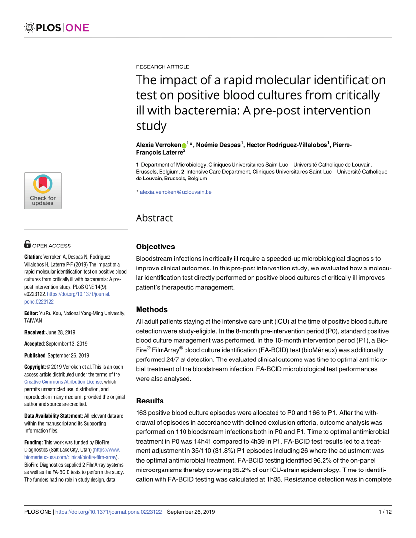 Pdf The Impact Of A Rapid Molecular Identification Test On Positive Blood Cultures From Critically Ill With Bacteremia A Pre Post Intervention Study