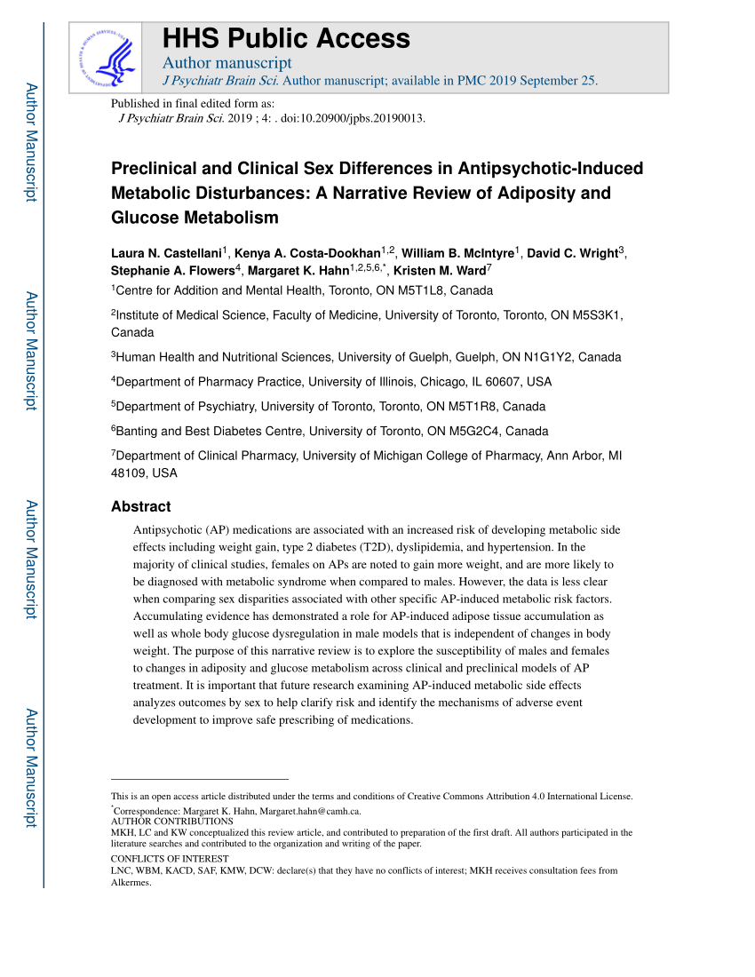 Pdf Preclinical And Clinical Sex Differences In Antipsychotic Induced Metabolic Disturbances