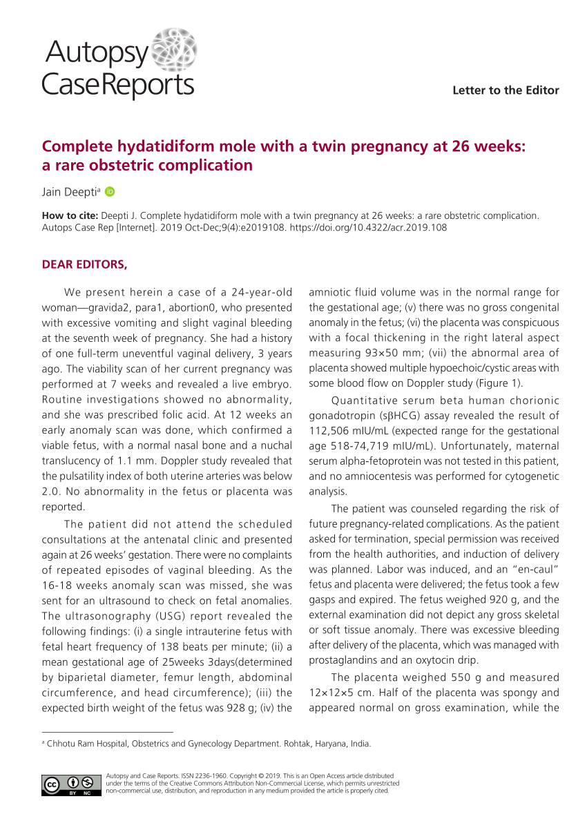 Pdf Complete Hydatidiform Mole With A Twin Pregnancy At 26 Weeks A Rare Obstetric Complication 5584