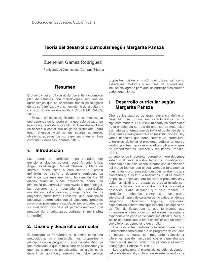 PDF) Teoría del desarrollo curricular según Margarita Pansza