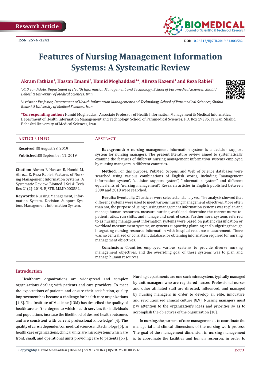 Pdf Features Of Nursing Management Information Systems A Systematic Review