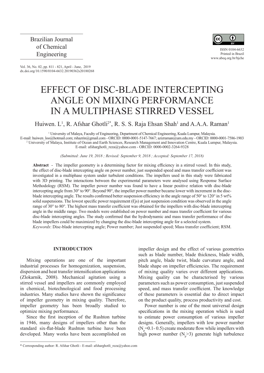 Pdf Effect Of Disc Blade Intercepting Angle On Mixing Performance In A Multiphase Stirred Vessel