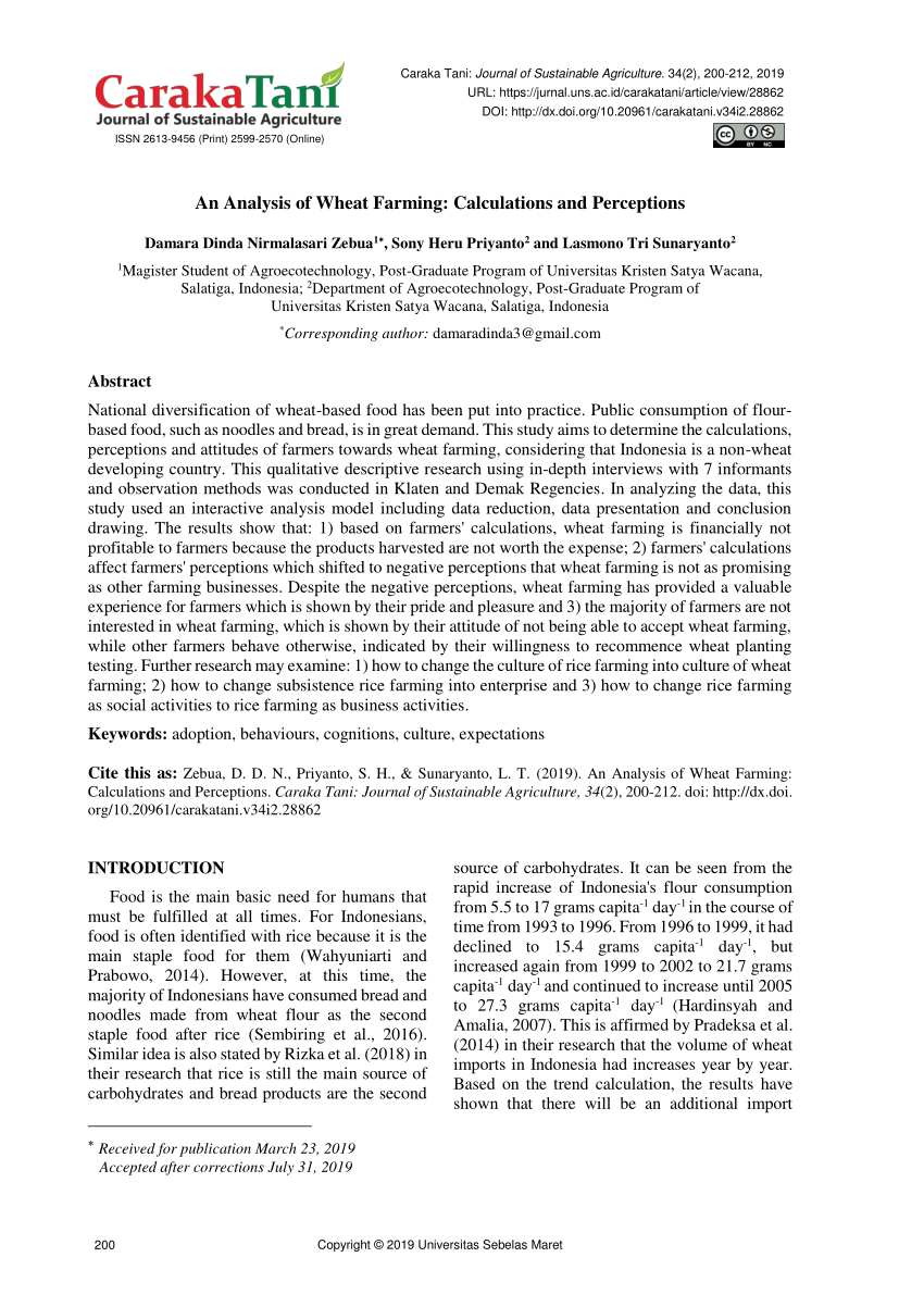 Pdf An Analysis Of Wheat Farming Calculations And Perceptions