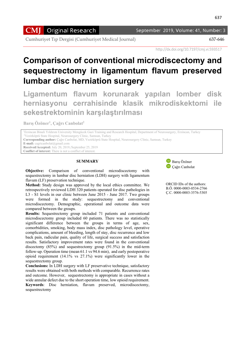 Pdf Comparison Of Conventional Microdiscectomy And Sequestrectomy In Ligamentum Flavum 