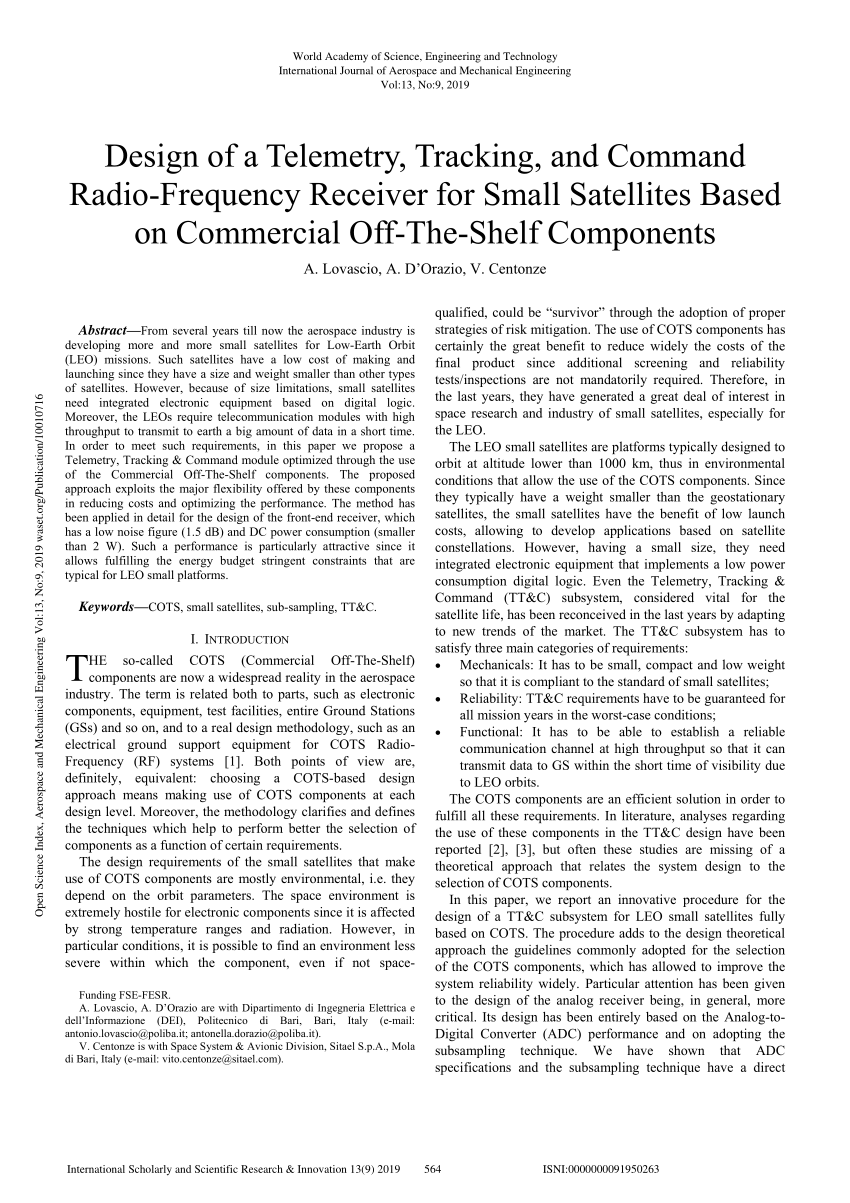 Pdf Design Of A Telemetry Tracking And Command Radio Frequency Receiver For Small Satellites Based On Commercial Off The Shelf Components
