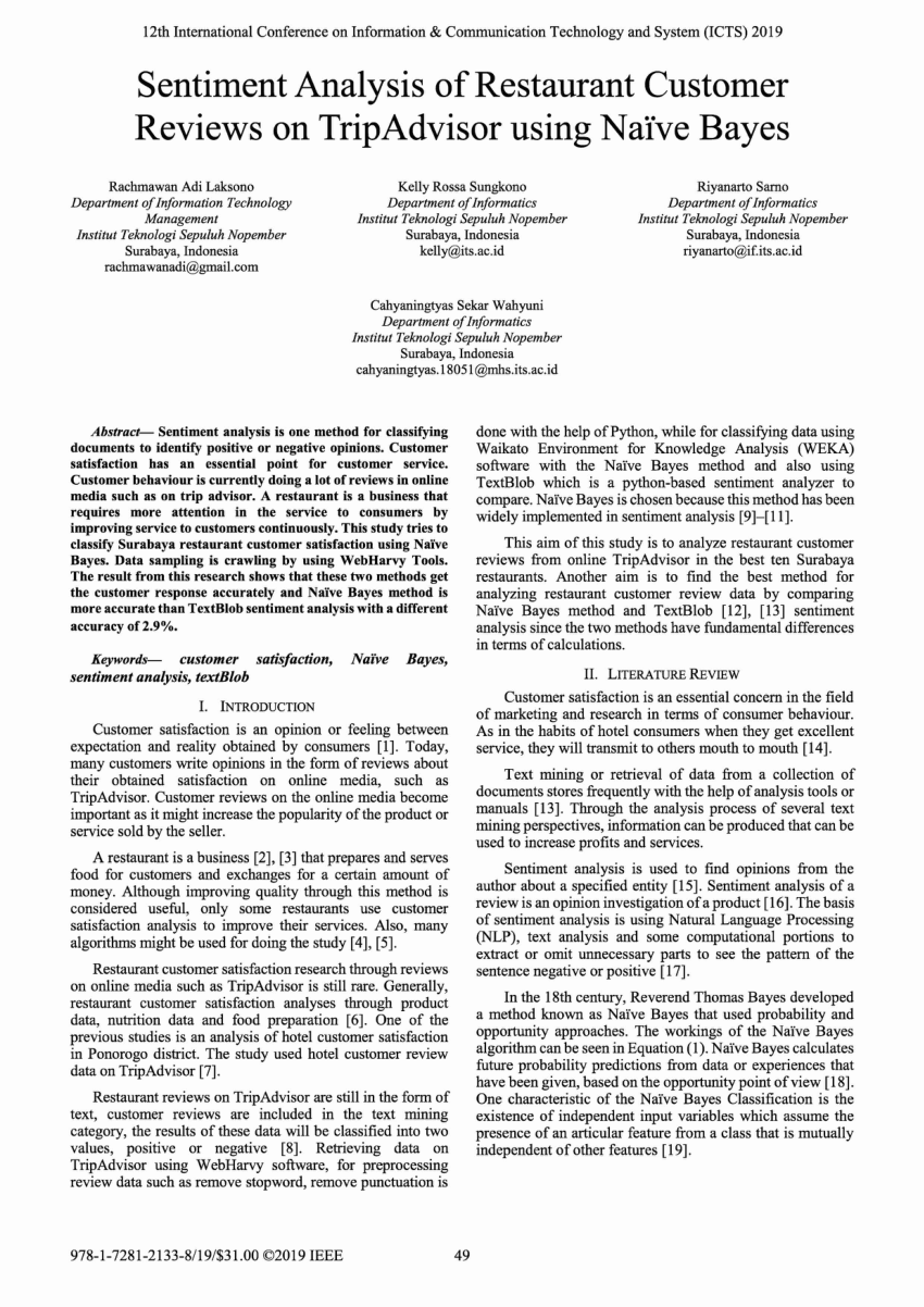 Pdf Sentiment Analysis Of Restaurant Customer Reviews On Tripadvisor Using Naïve Bayes 