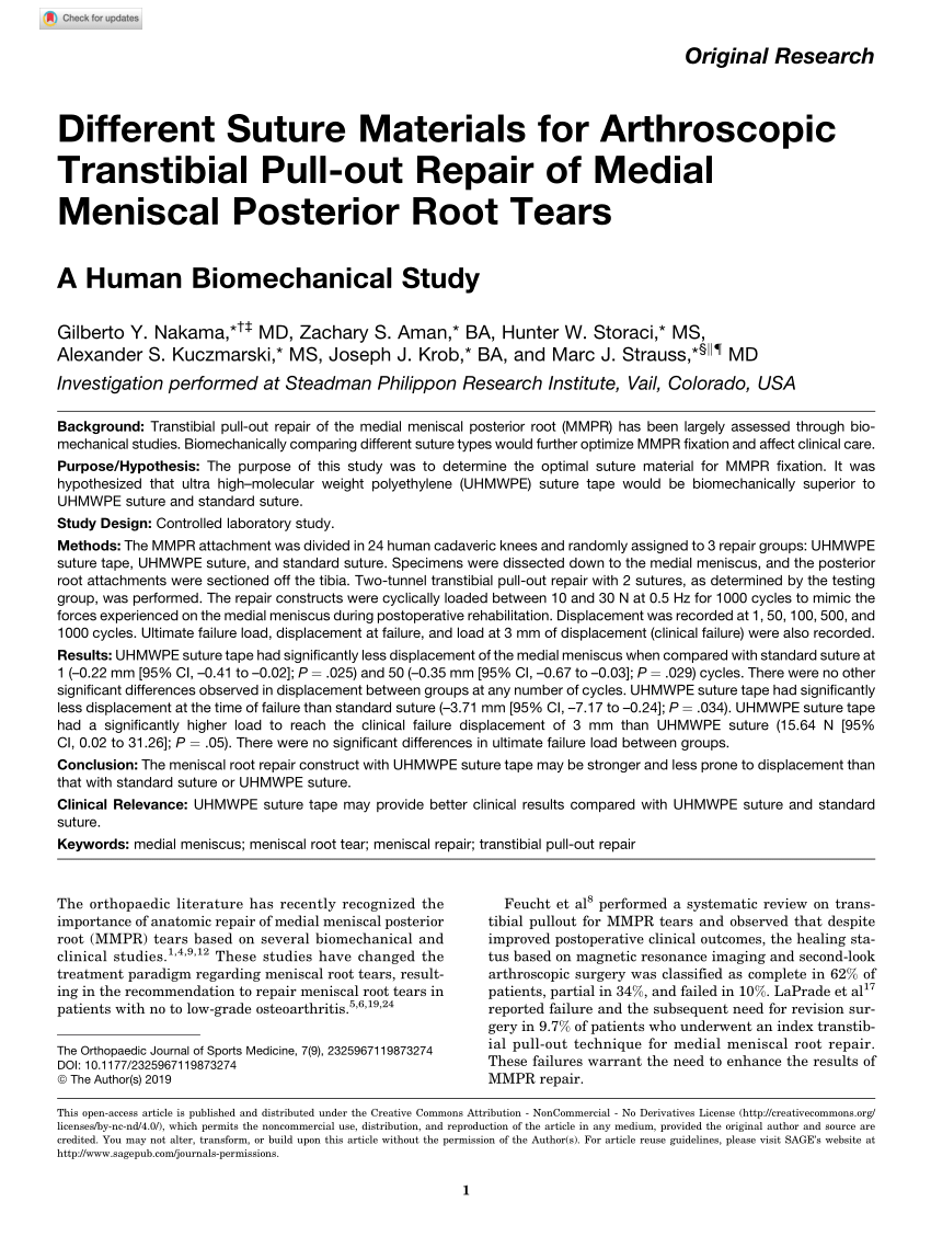 PDF Different Suture Materials For Arthroscopic Transtibial Pull Out Repair Of Medial Meniscal