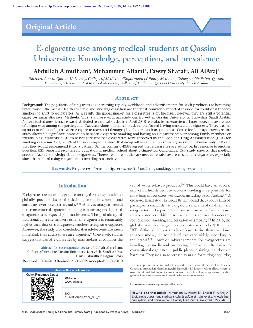 PDF E cigarette use among medical students at Qassim University