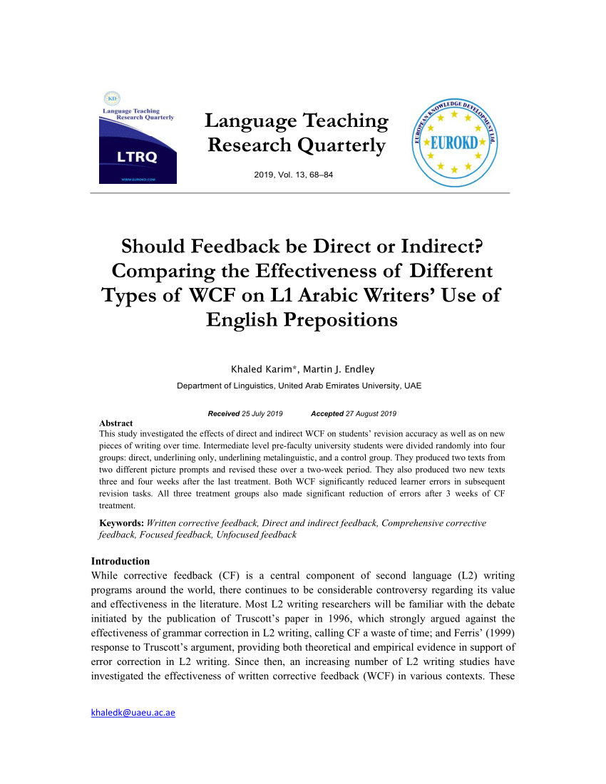 Pdf Should Feedback Be Direct Or Indirect Comparing The Effectiveness Of Different Types Of Wcf On L1 Arabic Writers Use Of English Prepositions