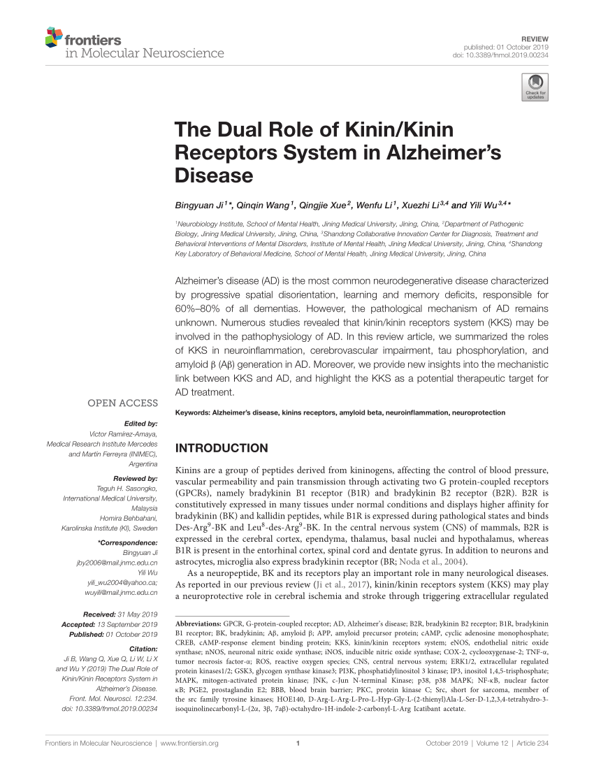 Pdf The Dual Role Of Kinin Kinin Receptors System In Alzheimer S Disease