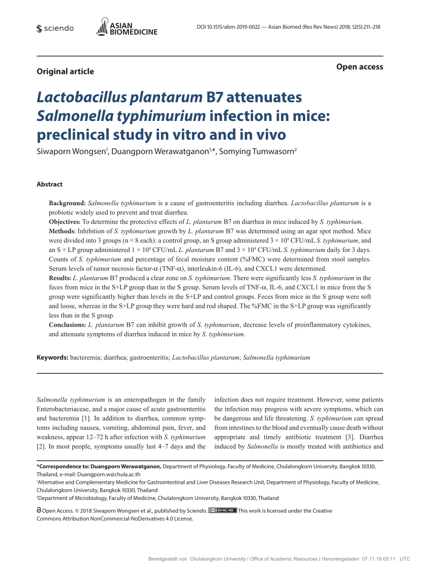 PDF) Lactobacillus plantarum B7 attenuates Salmonella typhimurium infection  in mice: preclinical study in vitro and in vivo
