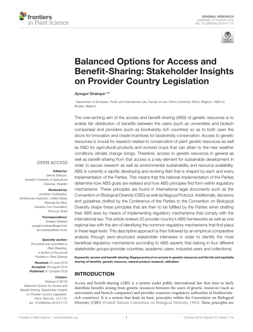 Pdf Balanced Options For Access And Benefit Sharing Stakeholder Insights On Provider Country Legislation