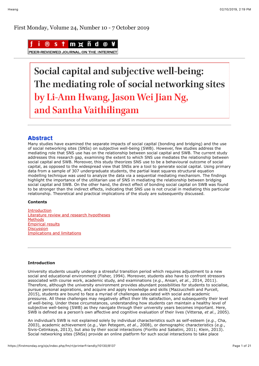 Pdf Social Capital And Subjective Well Being The Mediating Role Of Social Networking Sites