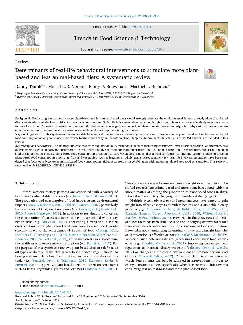 PDF) Determinants of real-life behavioural interventions to stimulate more  plant-based and less animal-based diets: A systematic review