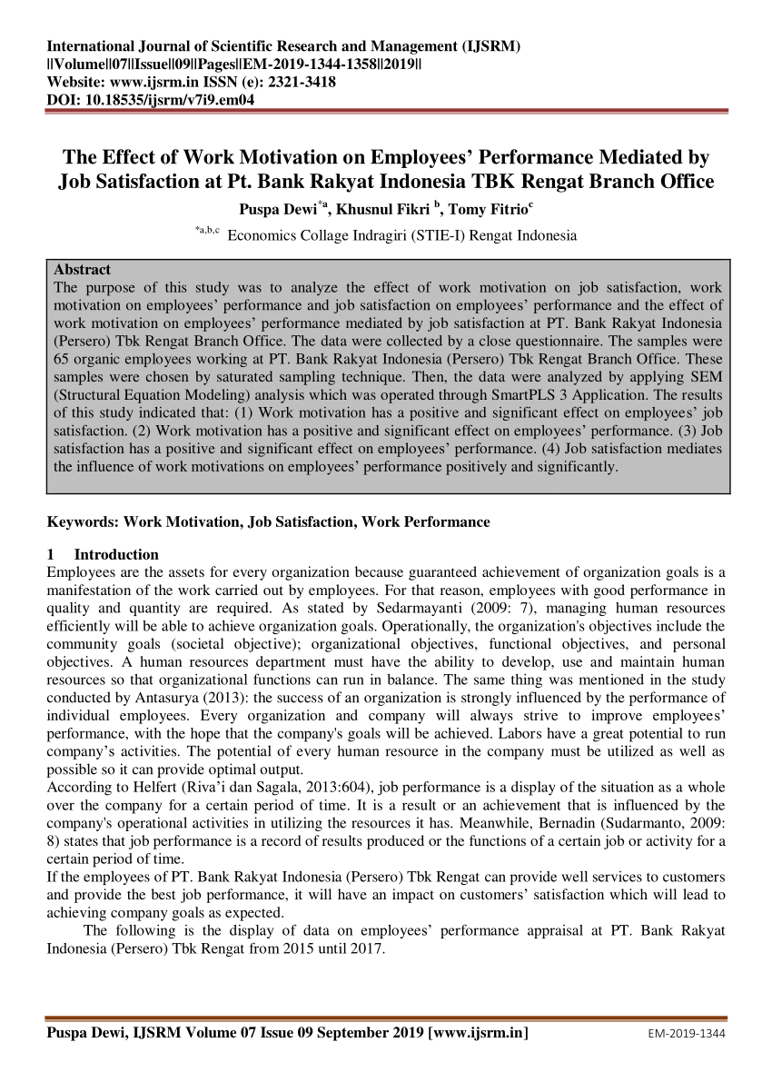 Pdf The Effect Of Work Motivation On Employees Performance Mediated By Job Satisfaction At Pt Bank Rakyat Indonesia Tbk Rengat Branch Office