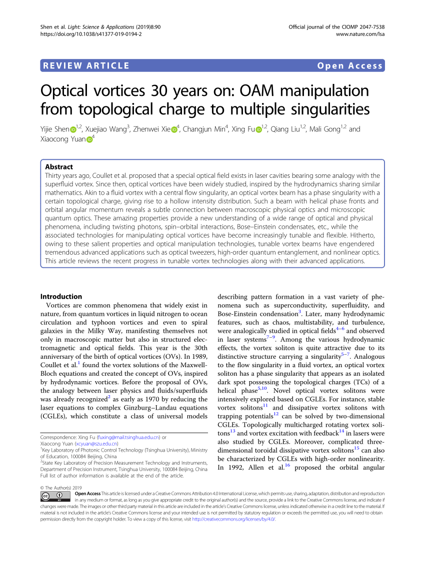 Pdf Optical Vortices 30 Years On Oam Manipulation From Topological Charge To Multiple Singularities