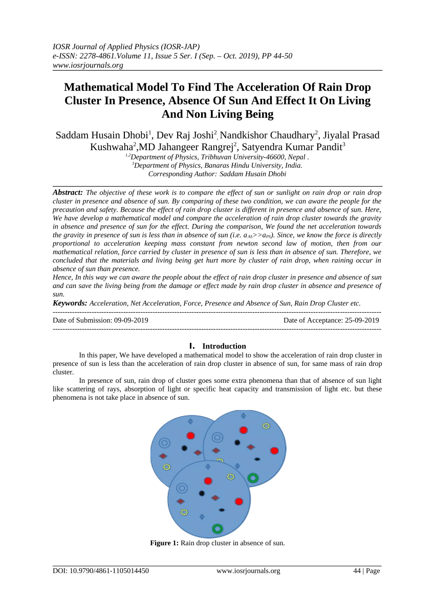 Pdf Mathematical Model To Find The Acceleration Of Rain Drop Cluster In Presence Absence Of Sun And Effect It On Living And Non Living Being