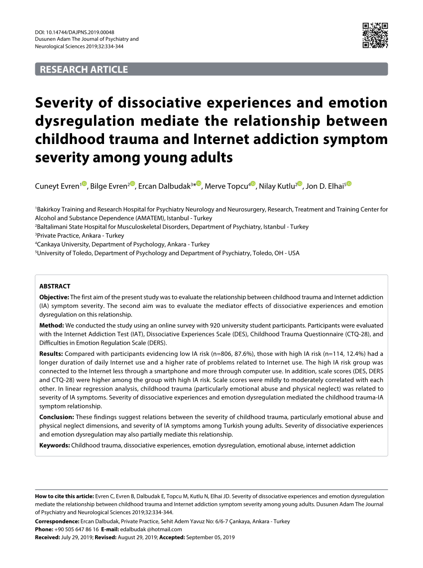 PDF) Severity of dissociative experiences and emotion dysregulation mediate the relationship between childhood trauma and Internet addiction symptom severity among young adults