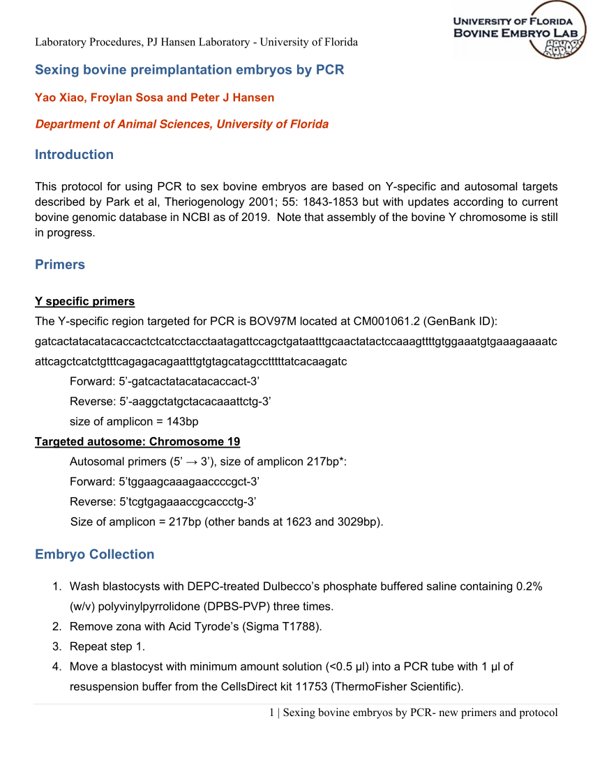 Pdf Sexing Bovine Preimplantation Embryos By Pcr 2297