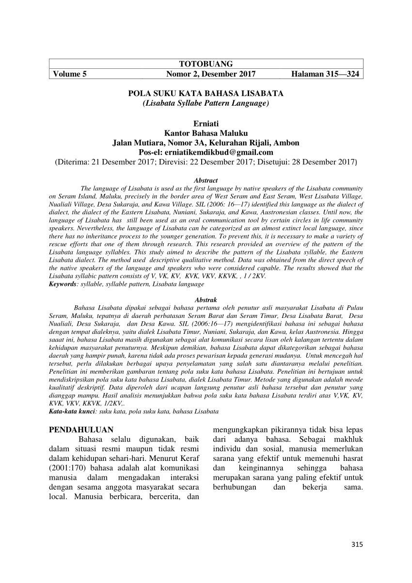 Pdf Pola Suku Kata Bahasa Lisabata Lisabata Syllabe Pattern