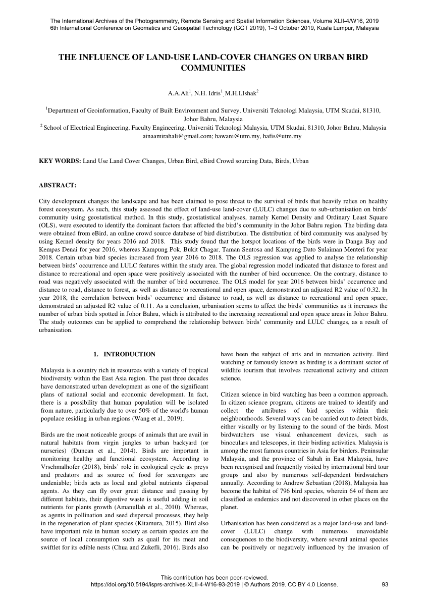 Pdf The Influence Of Land Use Land Cover Changes On Urban Bird Communities