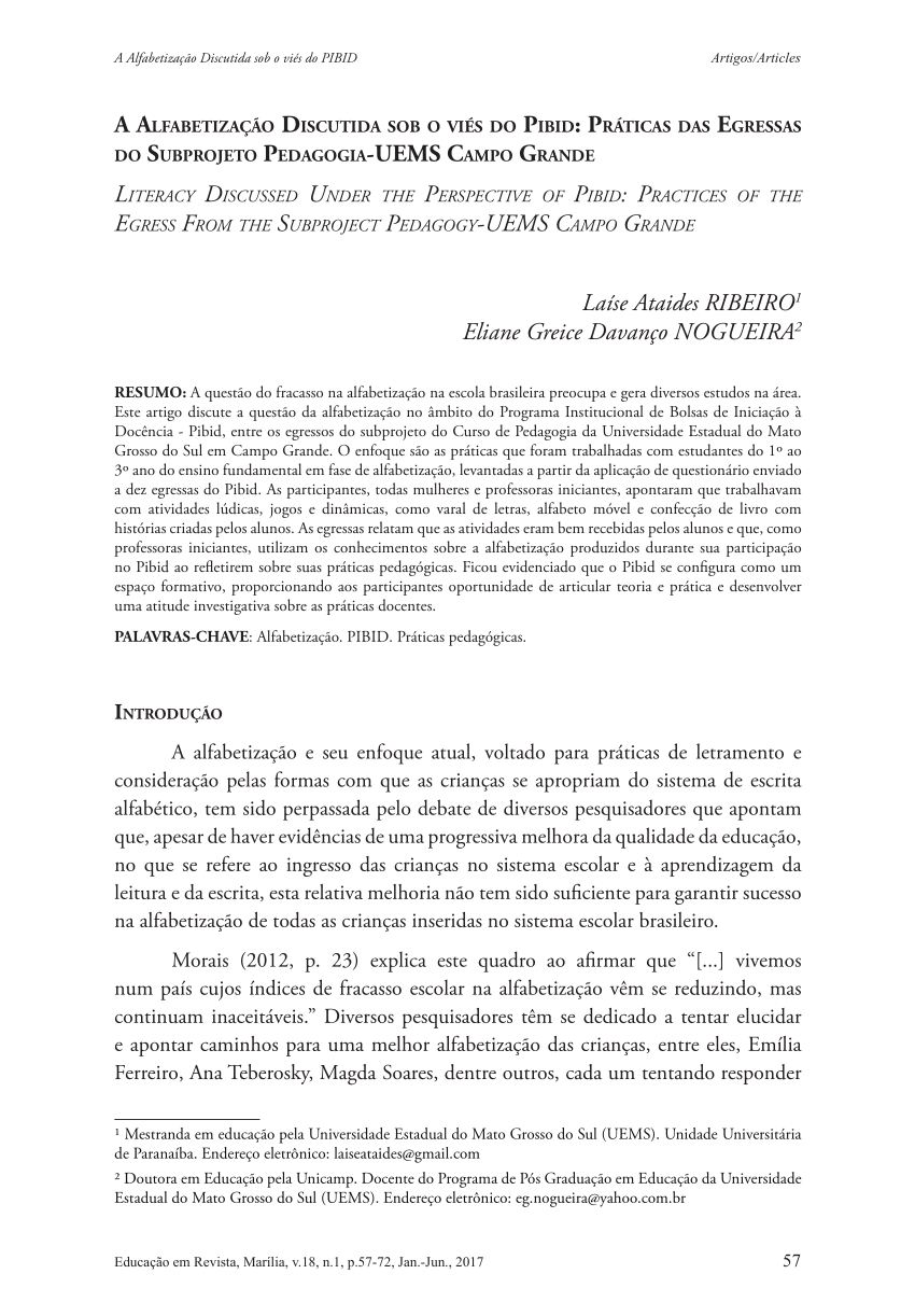 Pdf A AlfabetizaÇÃo Discutida Sob O ViÉs Do Pibid PrÁticas Das Egressas Do Subprojeto 1044