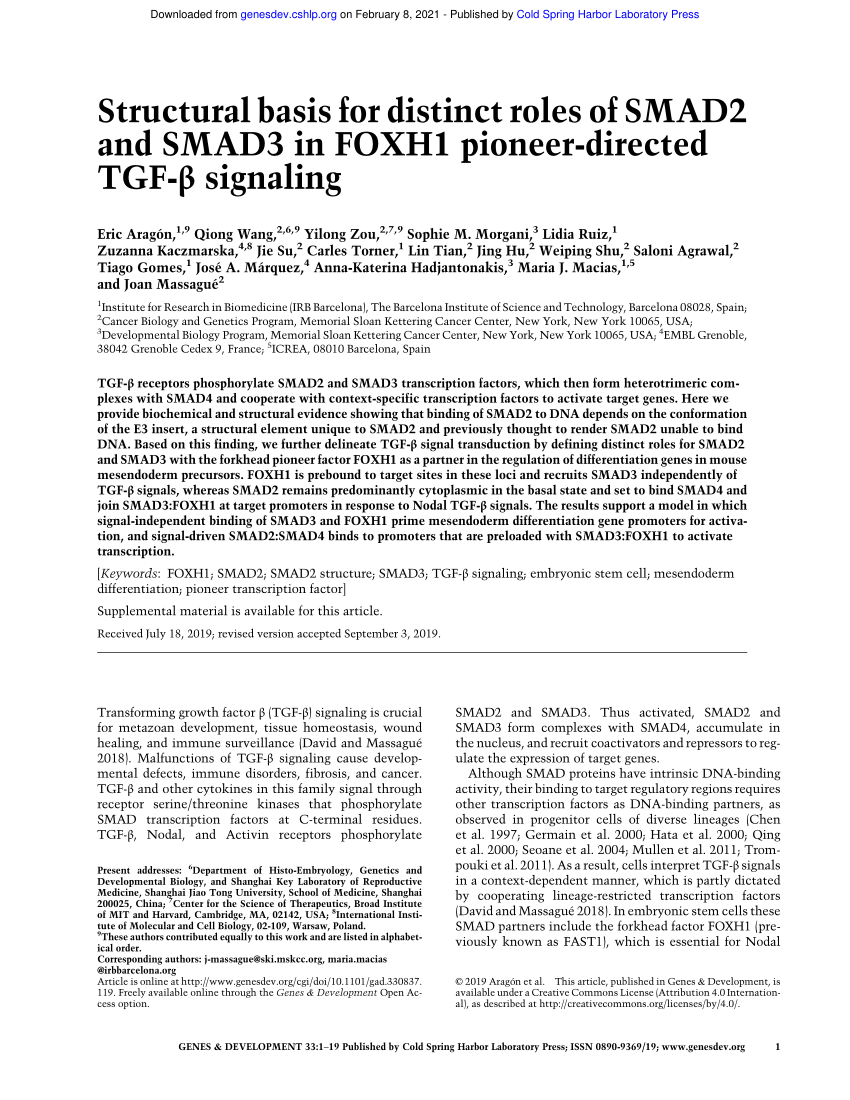 PDF) Structural basis for distinct roles of SMAD2 and SMAD3 in FOXH1  pioneer-directed TGF-β signaling