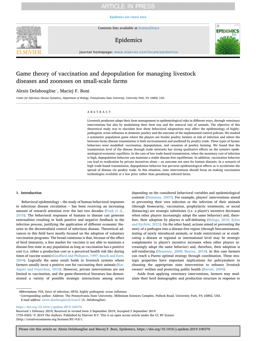 Pdf Game Theory Of Vaccination And Depopulation For Managing Livestock Diseases And Zoonoses On Small Scale Farms