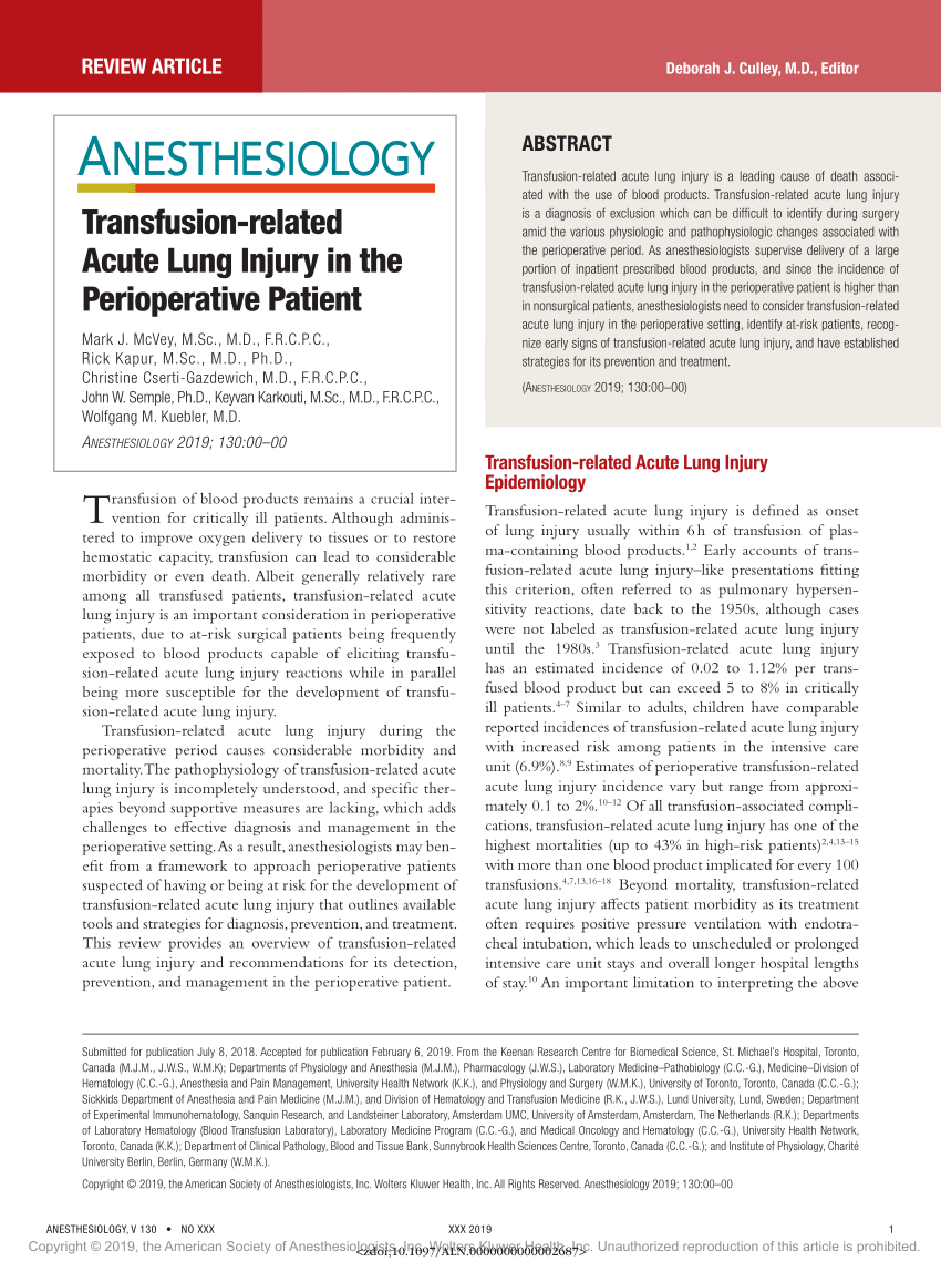 PDF) Transfusion-related Acute Lung Injury in the Perioperative Patient