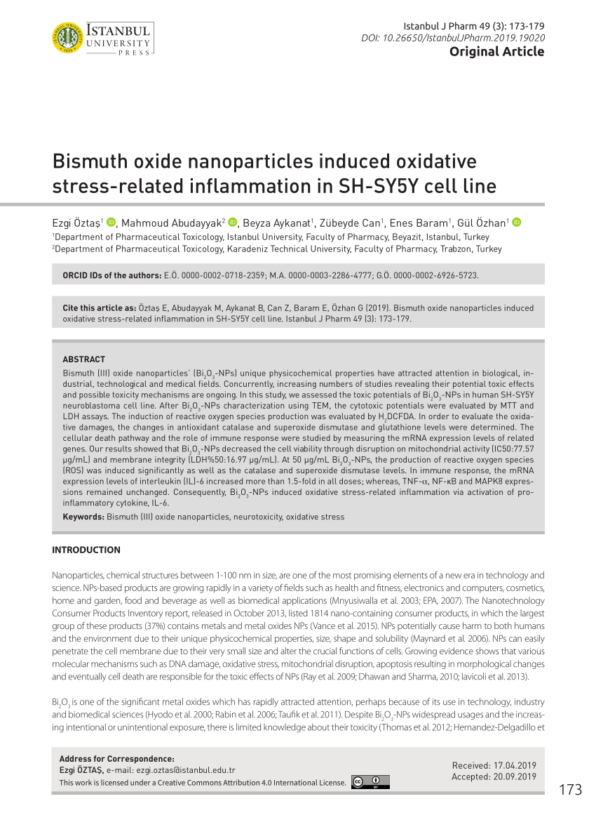 Pdf Bismuth Oxide Nanoparticles Induced Oxidative Stress Related Inflammation In Sh Sy5y Cell Line