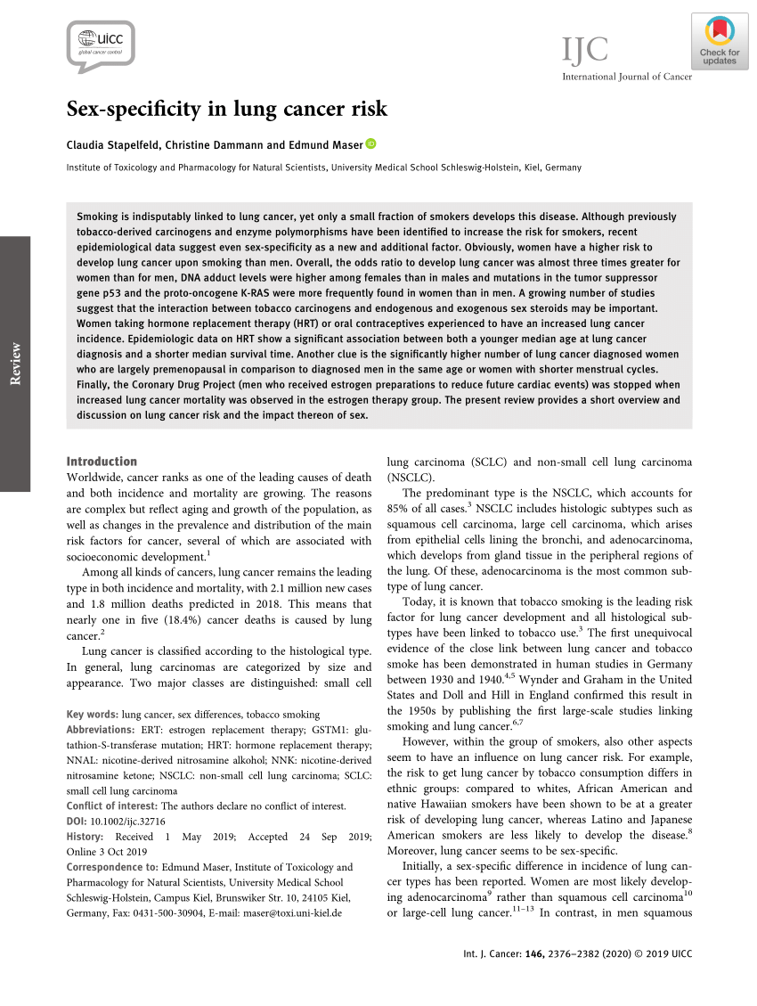 Pdf Sex‐specificity In Lung Cancer Risk 