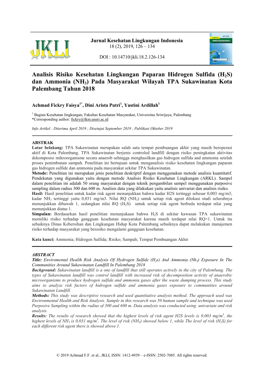 (PDF) Analisis Risiko Kesehatan Lingkungan Paparan Hidrogen Sulfida ...